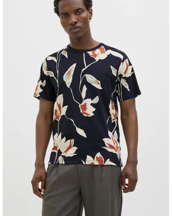 Tricou cu decolteu la baza gatului si imprimeu, Alb fildes/Albastru ultramarin/Caramiziu
