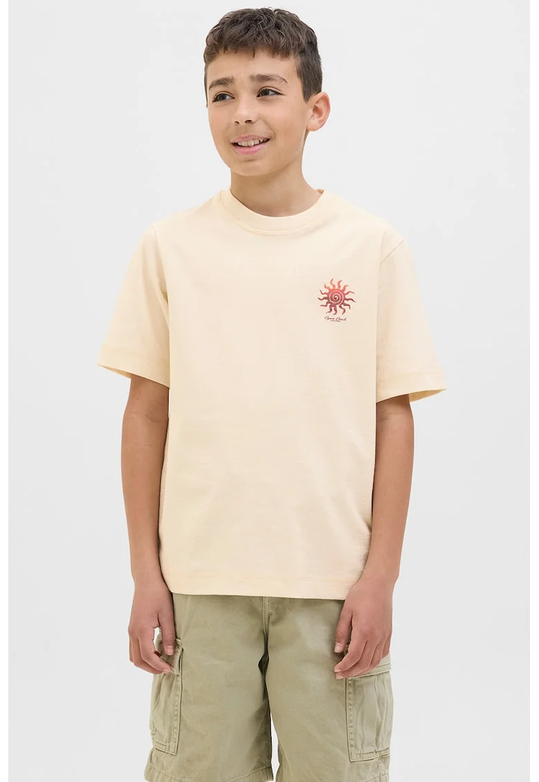 Tricou cu imprimeu si decolteu la baza gatului, Rosu stins/Crem