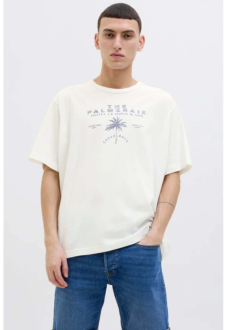 Tricou cu imprimeu text, Alb fildes/Albastru inchis