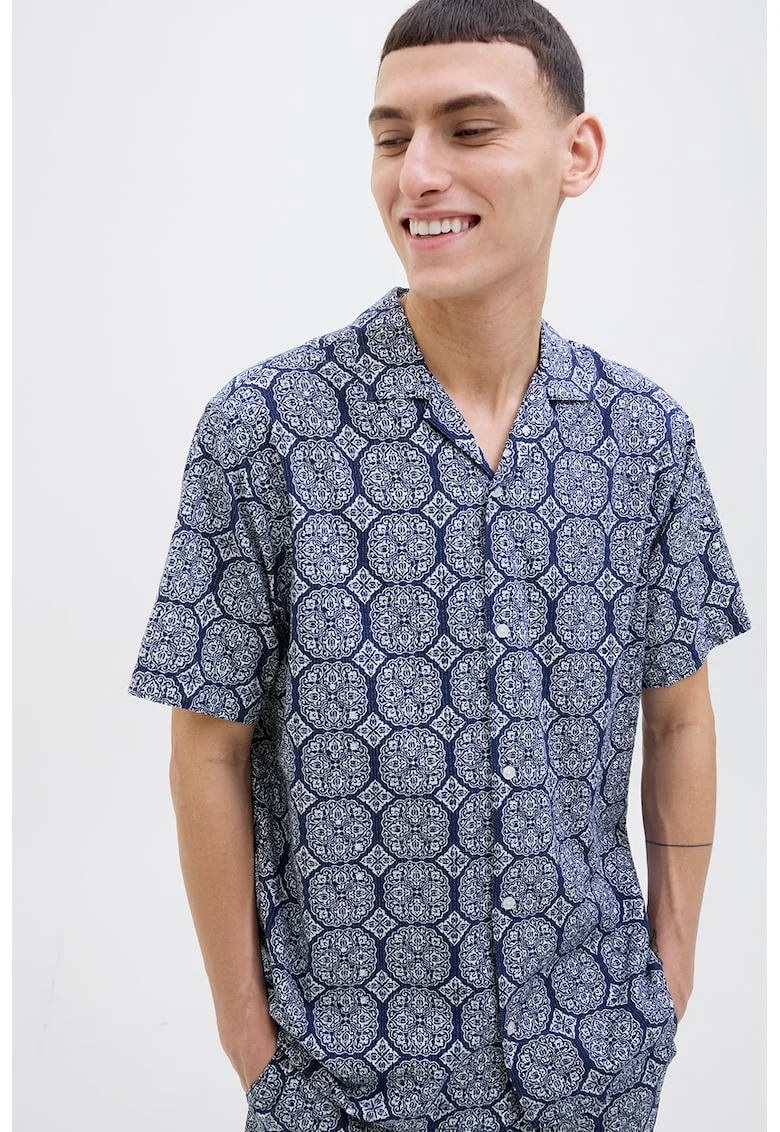 Camasa lejera cu model geometric, Albastru inchis/Alb murdar