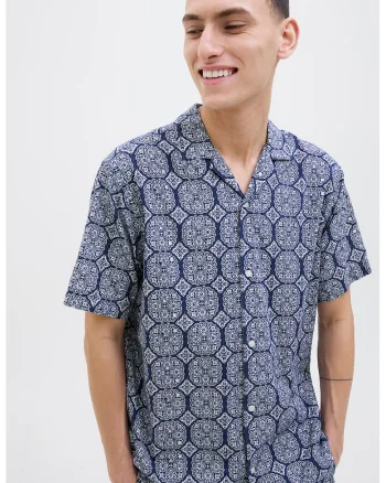 Camasa lejera cu model geometric, Albastru inchis/Alb murdar