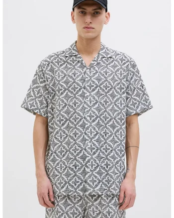 Camasa lejera cu model geometric, Negru/Alb murdar