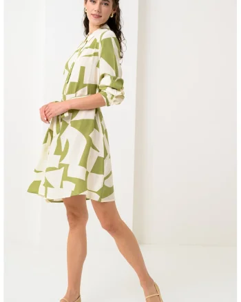 Rochie scurta evazata Joyco, Verde/Alb murdar