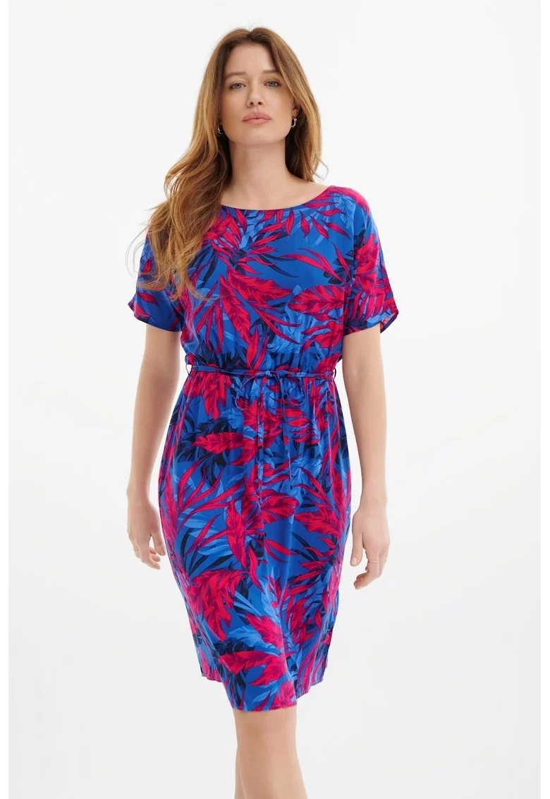 Rochie cu cordon in talie si model floral, Albastru royal/Rosu vermillion