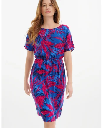 Rochie cu cordon in talie si model floral, Albastru royal/Rosu vermillion