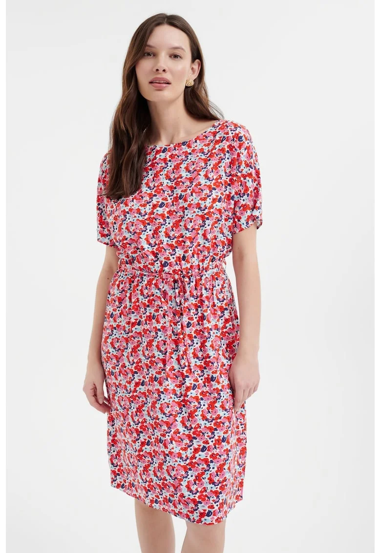 Rochie cu cordon in talie si model floral, Rosu/Roz/Albastru