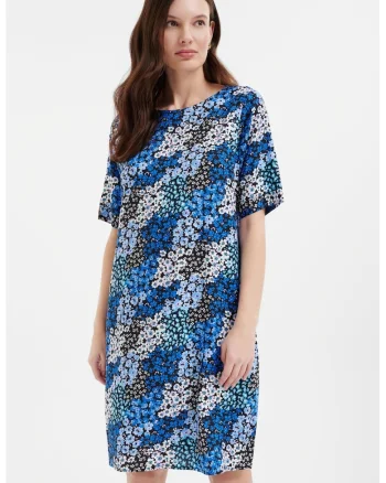 Rochie-tricou cu imprimeu floral, Alb/Negru/Albastru
