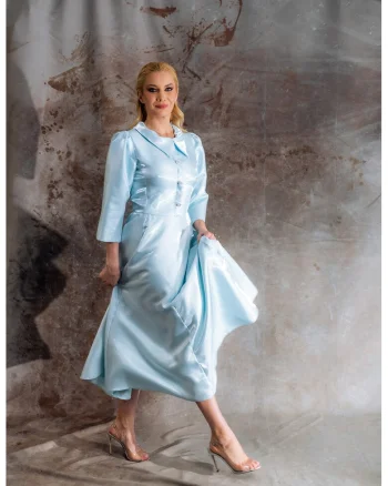 Rochie midi cu croiala in A Taffeta, Albastru glaciar