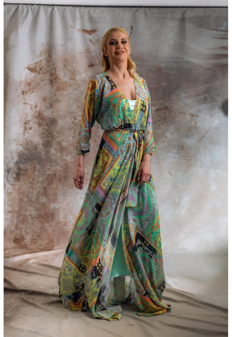 Rochie din amestec de matase Clover, Galben/Verde deschis