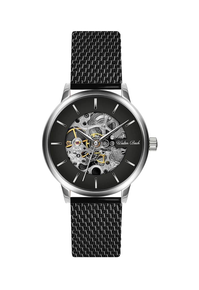 Ceas automatic cu bratara cu model plasa, Negru/Argintiu
