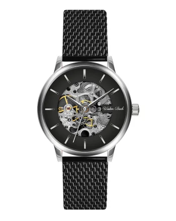 Ceas automatic cu bratara cu model plasa, Negru/Argintiu