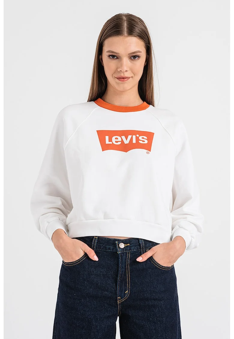 Bluza sport cu imprimeu logo si maneci raglan, Alb/Portocaliu