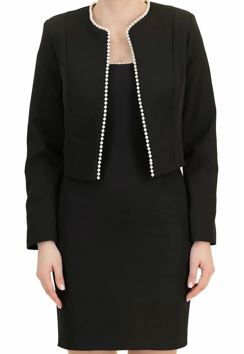 Sacou scurt din stofa elastica, croi drept, accesorizat cu perle Negru, Negru