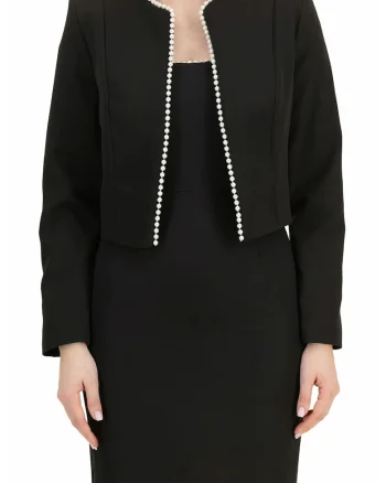 Sacou scurt din stofa elastica, croi drept, accesorizat cu perle Negru, Negru