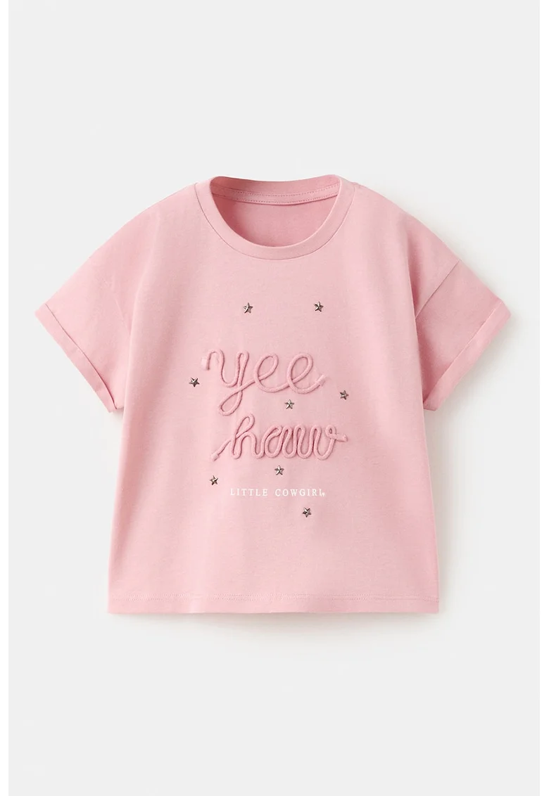 Tricou cu broderie text, Roz