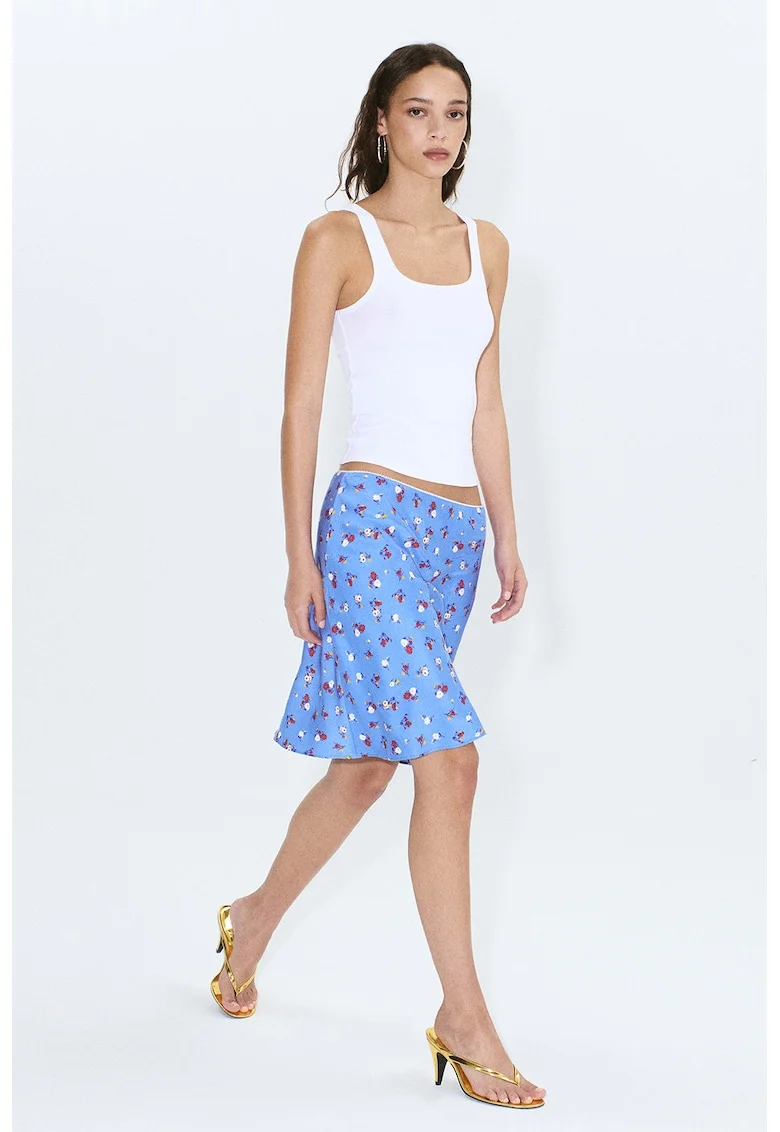 Fusta midi din satin cu model floral, Visiniu/Galben/Albastru azur