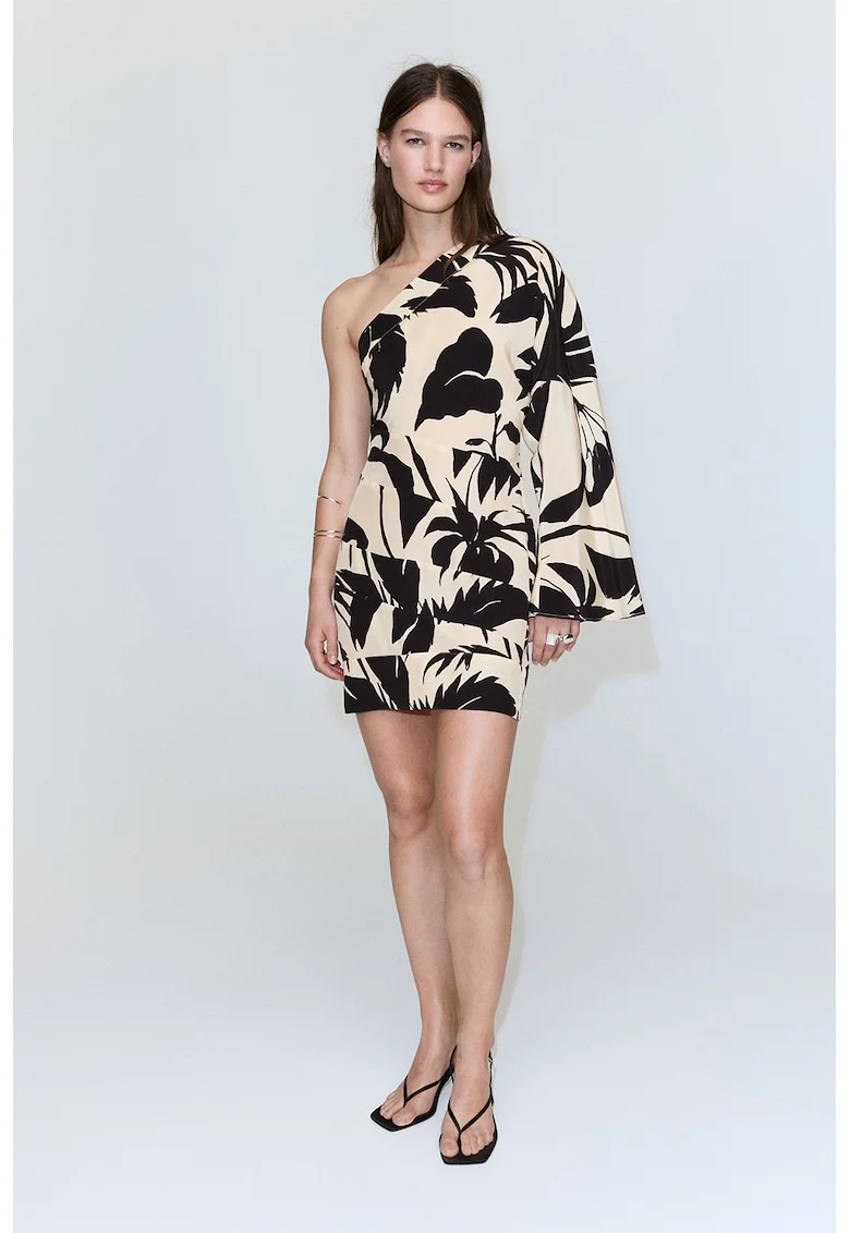 Rochie mini cu decolteu pe un umar, Negru/Bej deschis