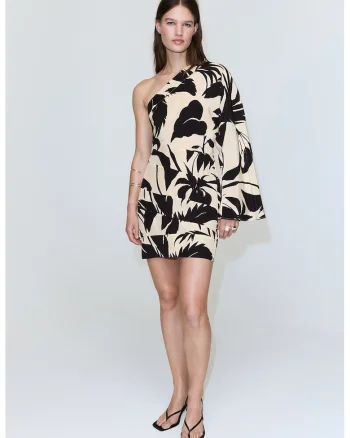 Rochie mini cu decolteu pe un umar, Negru/Bej deschis