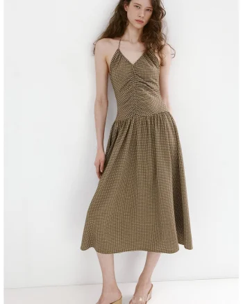 Rochie midi din amestec de bumbac cu decolteu in V, Alb/Maro pamantiu