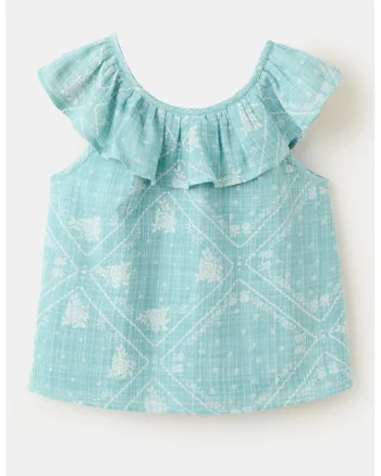 Top cu volane si model floral, Alb/Albastru aquamarin