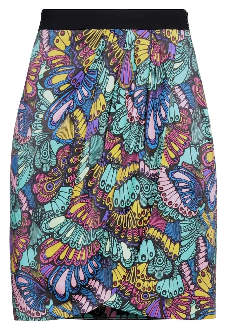 Fusta creion  neagra, 100% viscoza, imprimeu multicolor, model dinamic,