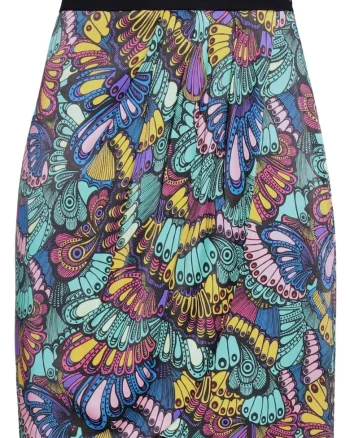 Fusta creion  neagra, 100% viscoza, imprimeu multicolor, model dinamic,