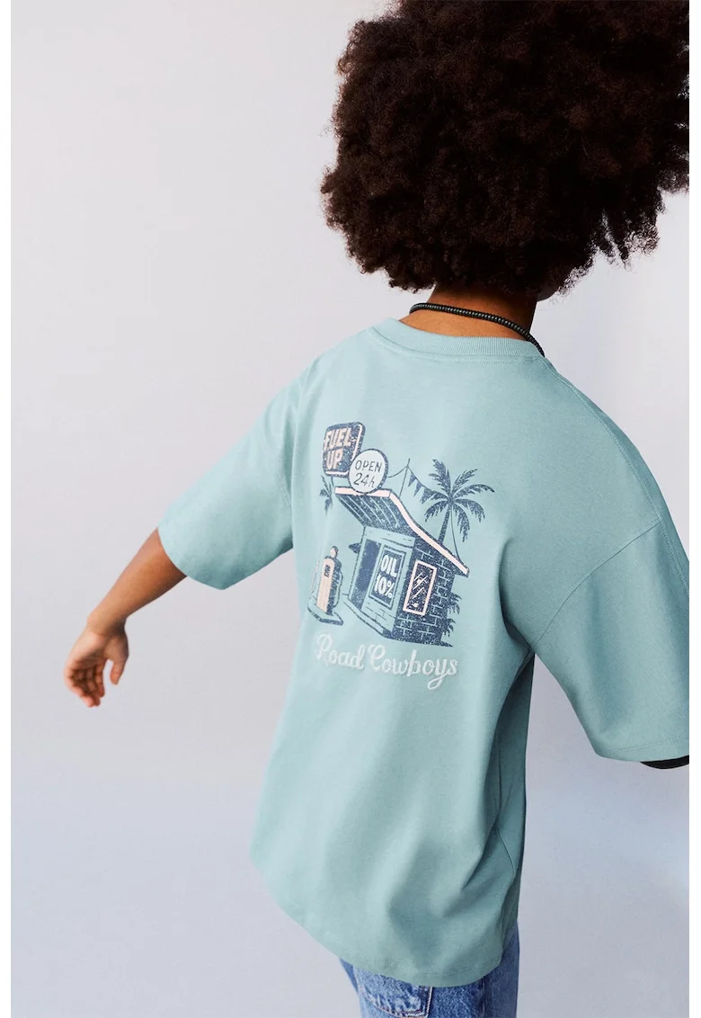 Tricou supradimensionat cu imprimeu grafic si broderie, Turcoaz