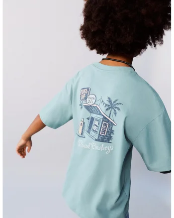 Tricou supradimensionat cu imprimeu grafic si broderie, Turcoaz