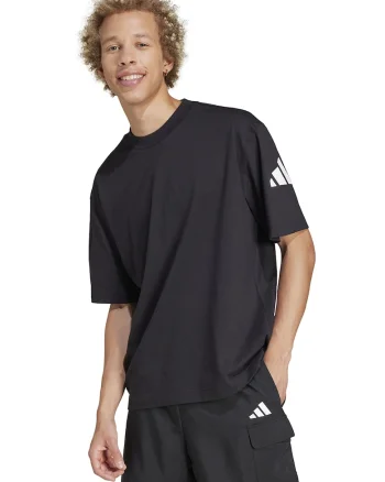 Tricou cu decolteu la baza gatului si detaliu cu logo pe maneci, Alb/Negru