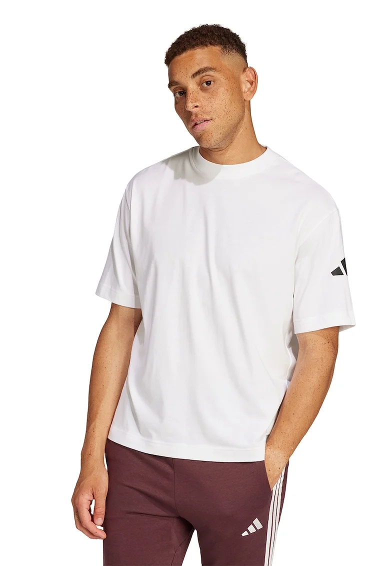 Tricou cu decolteu la baza gatului si detaliu cu logo pe maneci, Negru stins/Alb optic