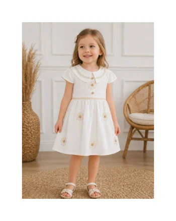 Rochita fetite alba eleganta cu broderie florala si guler decorativ