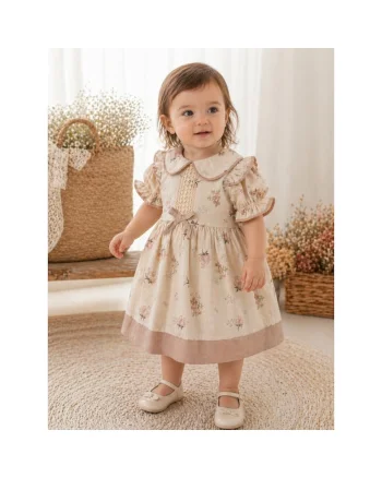 Rochita fetite crem din bumbac cu imprimeu floral si guler elegant