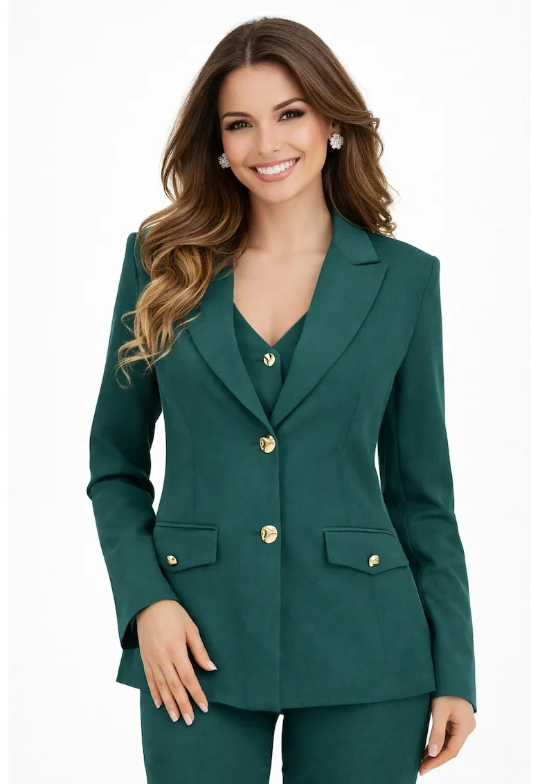 Sacou dama cambrat din stofa cu nasturi decorativi aurii Bej, Verde