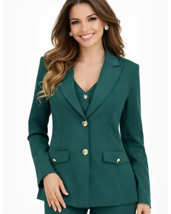 Sacou dama cambrat din stofa cu nasturi decorativi aurii Bej, Verde
