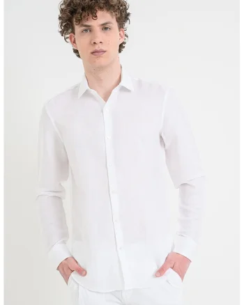 Camasa slim fit din amestec de lyocell si in, Alb