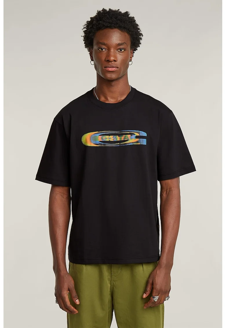 Tricou din bumbac organic cu imprimeu pe piept, Negru/Galben/Albastru
