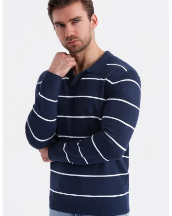 Bluza polo cu dungi, Alb/Bleumarin