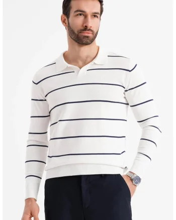Bluza polo cu dungi, Alb optic/Bleumarin
