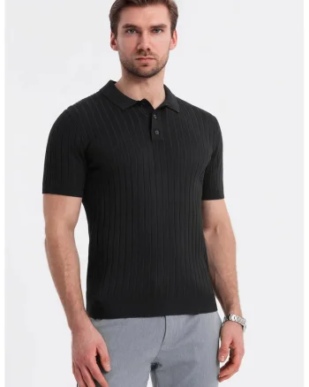 Tricou polo cu aspect striat, Negru