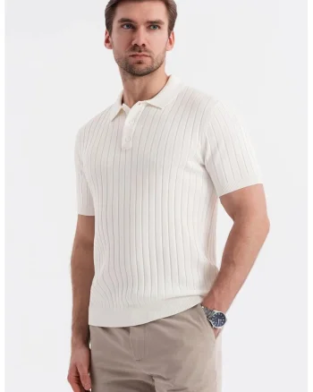 Tricou polo cu aspect striat, Alb murdar