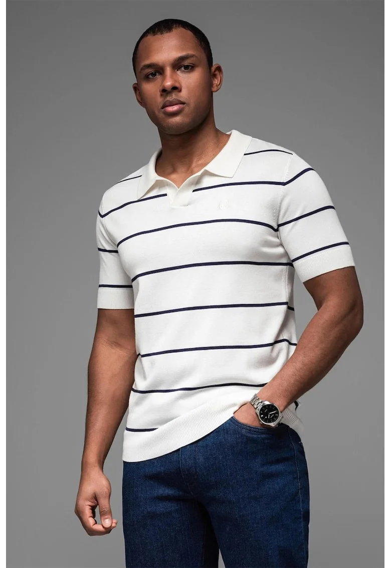 Tricou polo cu dungi, Alb optic/Bleumarin