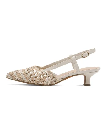 Pantofi slingback cu toc si aspect crosetat, Alb/Maro nisip