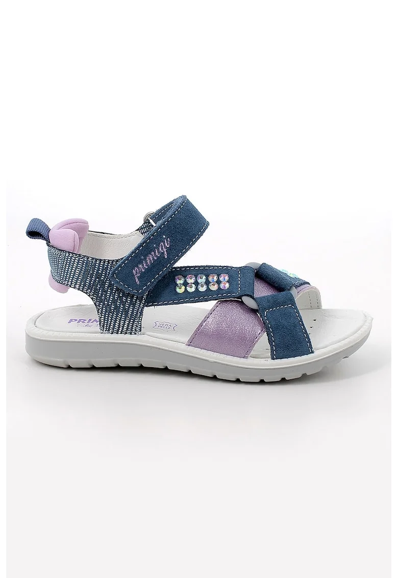 Sandale din piele intoarsa si material textil cu inchidere velcro, Albastru inchis/Lila