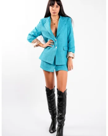 Fusta petrecuta din tweed turcoaz