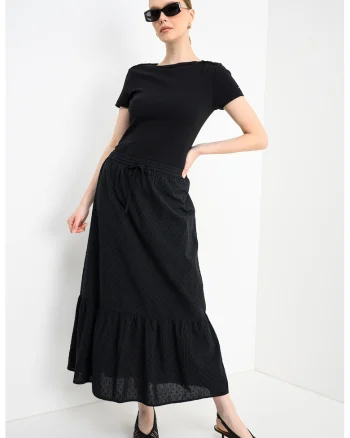 Fusta midi de bumbac organic, Negru