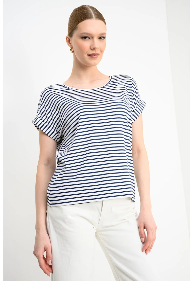 Tricou cu dungi si maneci cazute, Alb/Bleumarin