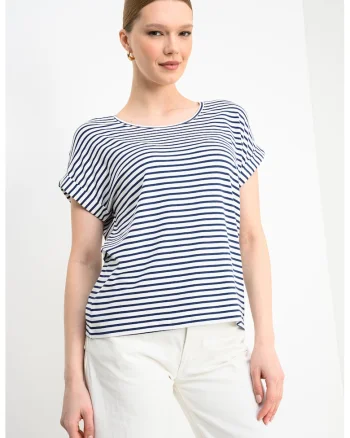 Tricou cu dungi si maneci cazute, Alb/Bleumarin