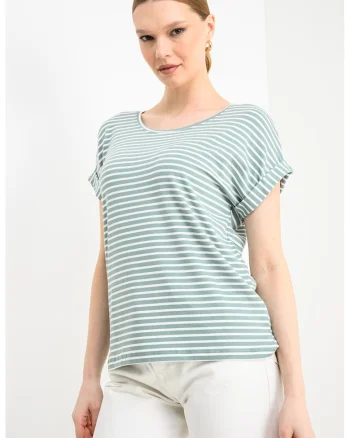 Tricou cu dungi si maneci cazute, Alb/Verde