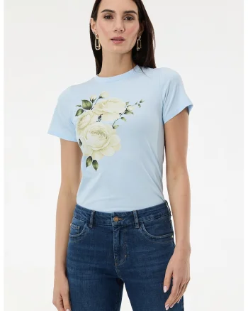 Tricou cu decolteu la baza gatului si imprimeu grafic, Albastru pastel