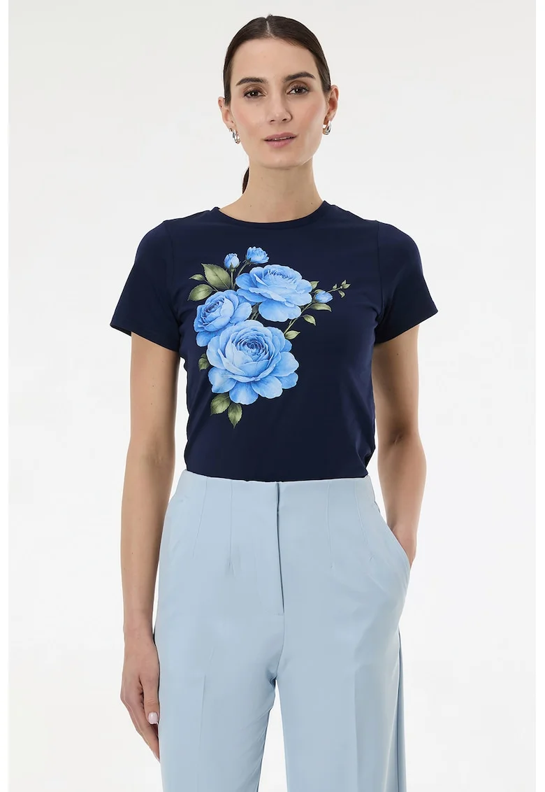 Tricou cu decolteu la baza gatului si imprimeu grafic, Albastru ultramarin
